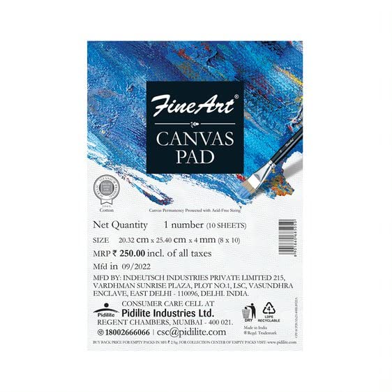 Pidilite Fevicryl Fine Art Canvas Pad for Painting, 10 Sheets per Canvas Pad, Ideal for Acrylic & Oil Painting, White (8 X 10)