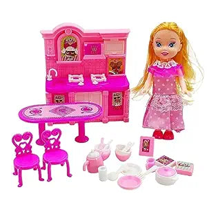 Doll Maria Kitchen Playset Toy with Kitchen Accessories, Dinner Table, Utensils, Cookware for Kids Girls