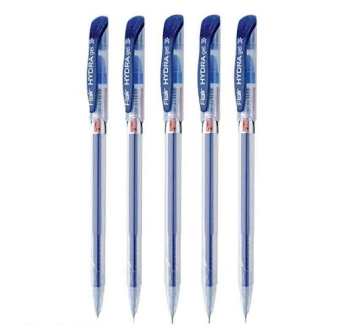 FLAIR Hydra Gel Pen Pouch Pack | Soft Rubber Grip For Easy & Comfortable Holding | Low-Viscosity Quick Dry Ink Provides Smooth Writing | Blue Ink, Pack of 5 Pens