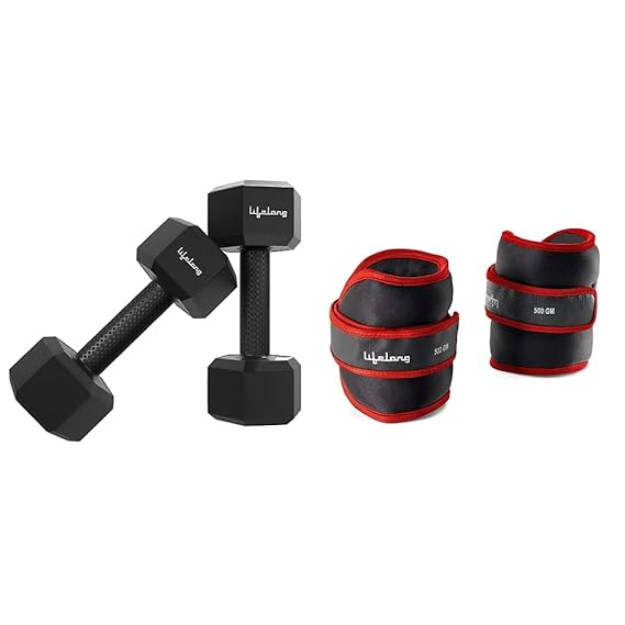 Lifelong PVC Hex Dumbbells Pack of 2 (5kg*2) Black Color & Lifelong Adjustable Ankle Weight for Running, Jogging, Cycling, Sand Filled, for Both Men and Women, 0.5 Kg and 1 Kg (Pair)  (ASL)