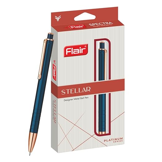 FLAIR Platinum Series Stellar Designer Metal Ball Pen Box Pack | Elegant Body Colour With Rose Gold Trims | Swiss Tip Technology With Retractable Mechanism | Smudge Free Writing | Blue Ink, Pack of 1