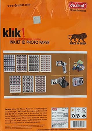 DESMAT Klick ID Photo Paper A4 Size 180 GSM | High Gloss Inkjet Photo Paper | Instant Dry | Water Resistant | Sharp Color Printing | 20 Sheets Pack