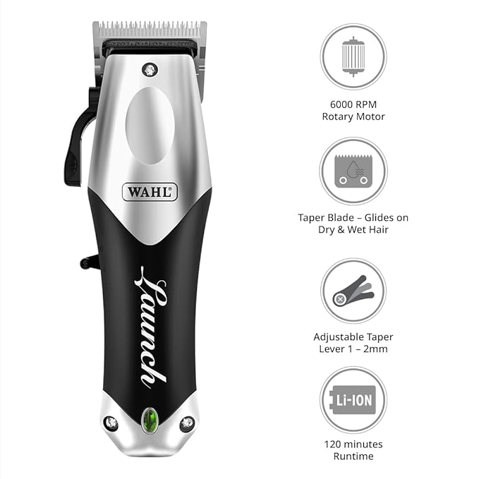 Wahl Launch Professional Clipper, Cord/Cordless Operation, 6000 RPM Powerful Motor, Full Steel Taper Blade, Lightweight and Compact, Smart LED Indicator, 2 Hours Runtime, 2 Years Warranty, 02240L-024