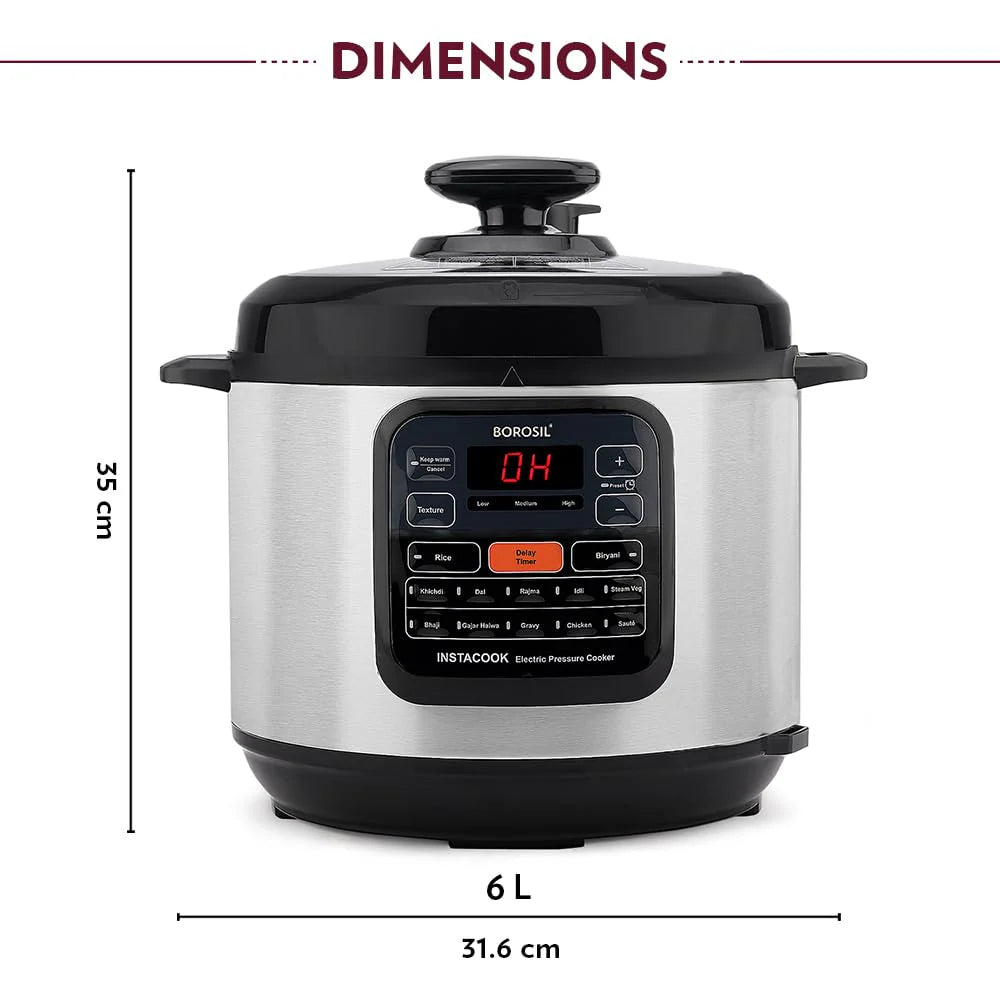 Borosil InstaCook 6L Electric Rice Cooker | Keep Warm Feature with Indicator Display, Anti Skid Rubber Feet | Cook & Boil Noodles, Rice, Upma, Idli | 2 Years Warranty