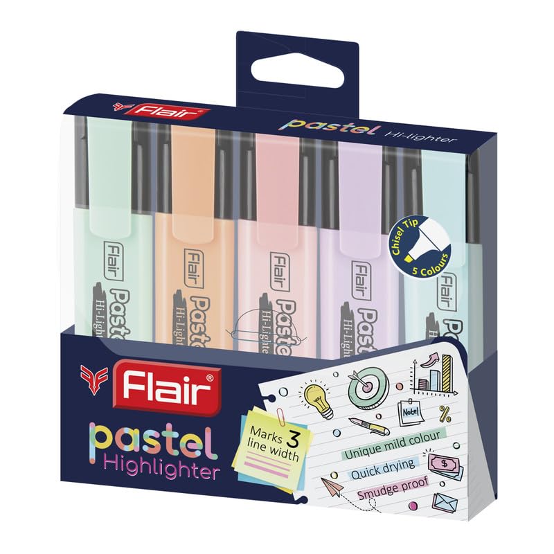 FLAIR Pastel 5 Shades Hi-lighter Pouch Pack | Flexible Line Width | Quick Drying & Smudge Proof Pastel Ink | Non-Toxic Ink, Safe For Childrens | 5 Smoothing Colors, Pack of 1