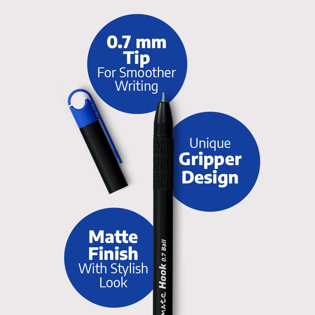 Classmate Hook- Blue And Black Ball Pens (Pack of 10)|Smooth & Fast Writing Ball Pens|Unique Griper for Writing Comfort|Attractive Body Design for Boys & Girls|School & Office Stationery