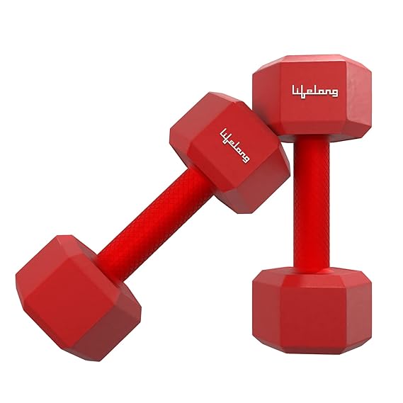 Lifelong PVC Hex Dumbbells Pack of 2 (5kg*2) Red Color for Home Gym Equipment Fitness Barbell|Gym Exercise|Home Workout| For Men & Women   (ASL)