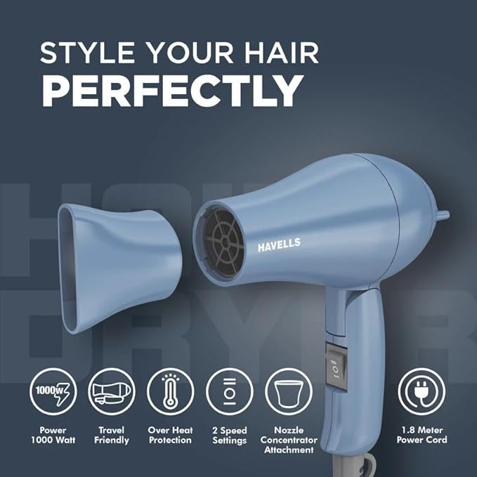 Havells 1000W Foldable Hair Dryer | 2 Heat Settings (Hot/Warm) | Heat Balance Technology | Pastel Blue | Your Perfect Blow Dry Companion For Effortless Hair Styling | HD1835