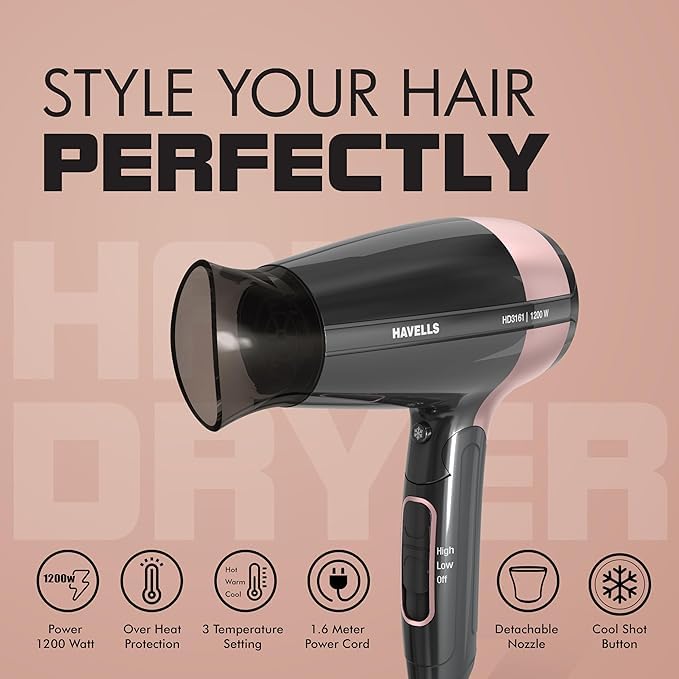Havells 1200W Foldable Hair Dryer; 3 Heat Settings With Cool Shot (Hot/Cool/Warm),Heat Balance Technology|Cool Black|Your Perfect Blow Dry Companion F