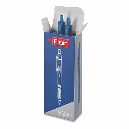 FLAIR V2 Retractable 0.7mm Gel Pen Box Pack | Water Proof, Smudge Free & Refillable Ink For Smooth Writing Experience | Comfortable Grip For Easy Handling | Blue Ink, Pack of 10 Pens