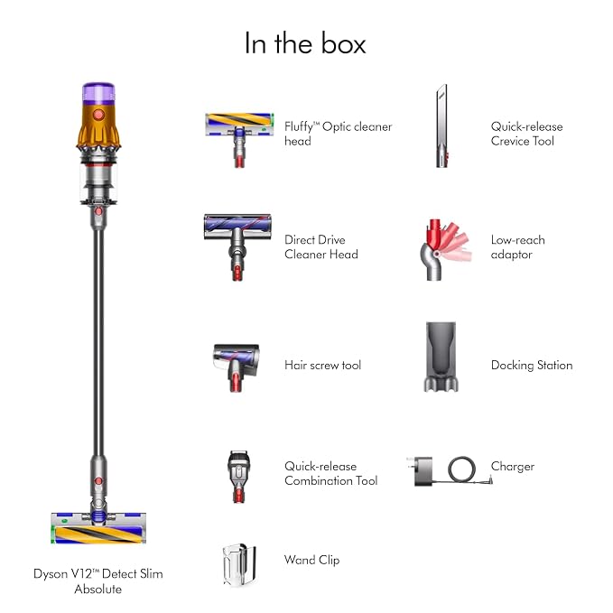 Dyson V12 Detect Slim Cordless Vacuum Cleaner|2 Yr Warranty incl Accidental Damage Protection|Illumination Reveals Hidden dust|LCD Screen and 3 Power Modes|150 Airwatts, 0.35L bin, 60 mins runtime (SD)