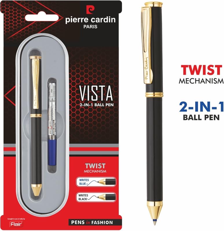 Pierre Cardin Vista 2 in 1 Ball Pen | Metal Body With Twist Mechanism | Smudge Free Writing, Refillable Pen | Ideal For Corporate Gifting, Festive Gifting | Blue & Black Ink, Pack Of 1