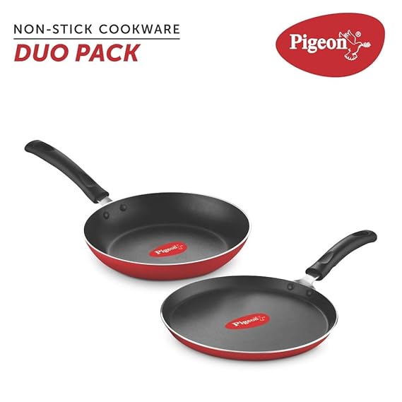 Pigeon Aluminium Nonstick Duo Pack Flat Tawa 250 and Fry Pan 200 Gift Set