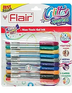 FLAIR Glitter Sparkle 1.0mm Gel Pen Blister Pack | Smooth & Perfect Writing Experience | Non-Toxic Fluid Gel Ink | Beautiful Transparent Body With Sparkles | Set of 10 Different Ink Colors