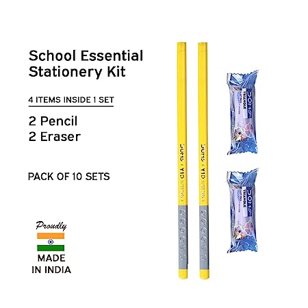 Doms School Essentials Tri Power Pencil Kit | For Dark & Neat Writing | Perfect Value Pack | Kit For School Essentials | Includes 2 Pencil & 2 Eraser