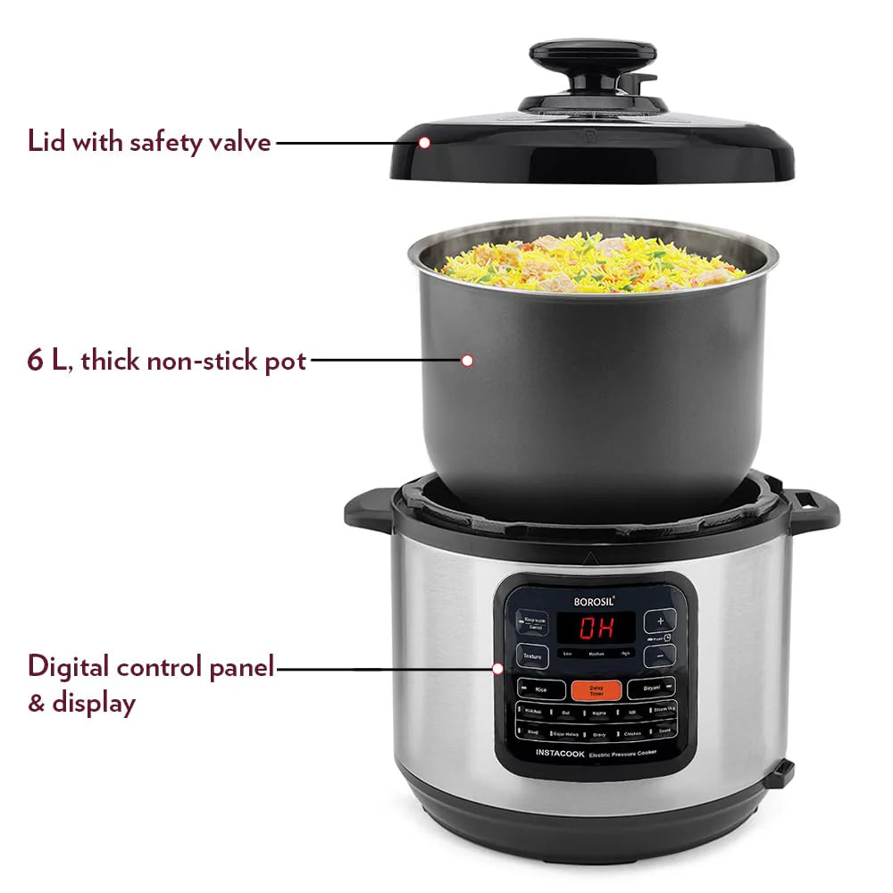 Borosil InstaCook 6L Electric Rice Cooker | Keep Warm Feature with Indicator Display, Anti Skid Rubber Feet | Cook & Boil Noodles, Rice, Upma, Idli | 2 Years Warranty