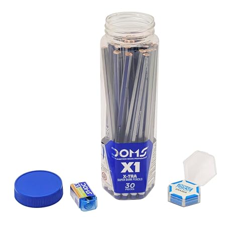 Doms X1 Xtra Super Dark Pencils Box Pack|Hexagonal Shape For Easy Holding&Comfort|Free Eraser,Scale&Pencil Cap Inside|Dark&Neat Handwriting|Pack Of 30 Pencils