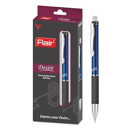 FLAIR Desire Ball Pen Box Pack | Retractable Mechanism With Grip For Easy Holding | Swiss Tip Technology For Smooth Writing Experience | Blue Ink, Pack of 1 Pens