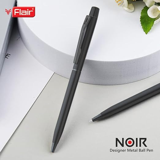 FLAIR Platinum Series Noir Designer Metal Ball Pen Box Pack | Matt Black Finish With Slim Design | Twist Mechanism For Smudge Free Writing | Durable, Refillable Pen | Blue Ink, Pack of 1