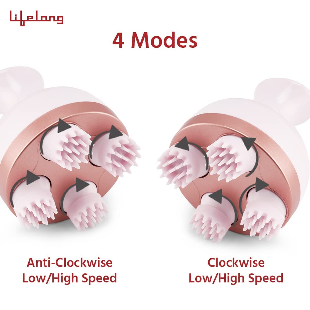 Lifelong LLM225 Rechargeable Head, Scalp Full Body Pain Relief Massager, Electric Head Kneading Massager,4 Speed Modes,Handheld Portable Head Scratcher for Hair Growth,Deep Clean & Relaxation,Brown