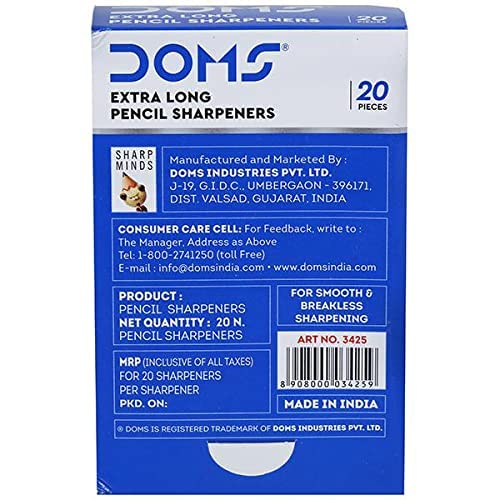 Doms Non-Toxic Extra Long Pencil Sharpener Box Pack | for Smooth & Breakless Sharpening | Playful Body Colors | Pack of 20 Pieces