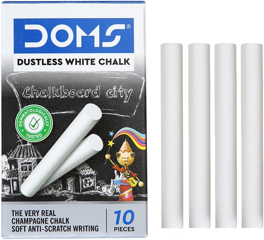 DOMS Non-Toxic Dustless White Chalk ( Pack of 10 pieces)