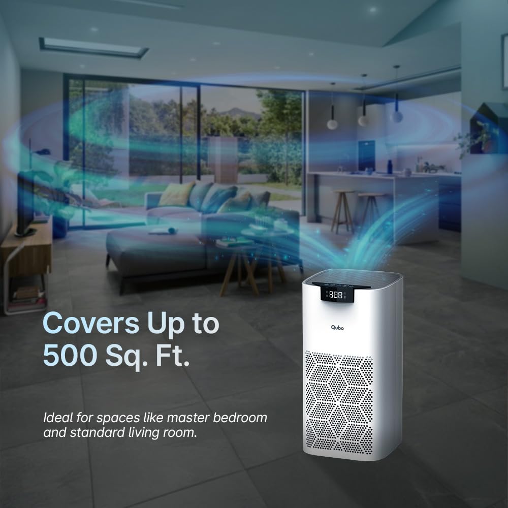Qubo Smart Air Purifier Q500 for Home by Hero Group | Q500 Sq Ft | 99.99% Allergen Removal | True HEPA13 | 9000 Hrs Filter Life | App & Voice Control | Energy Saving | Ultra-Quiet BLDC Motor (White)