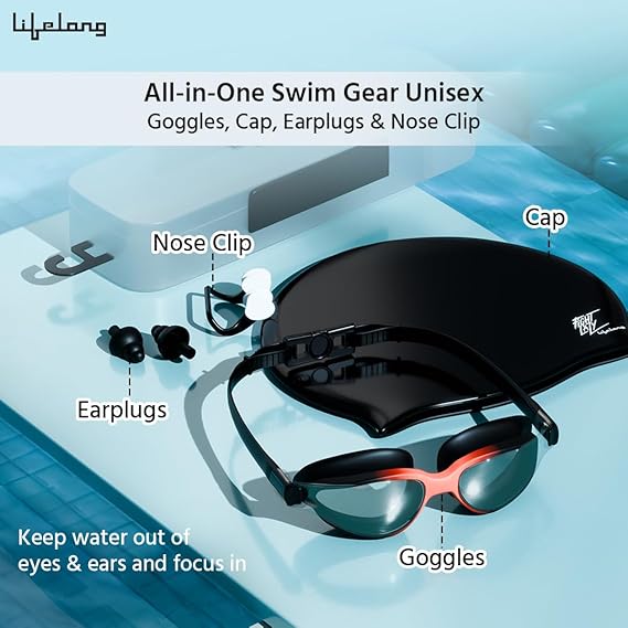 Lifelong Silicone Swimming Combo Kit | Waterproof Swim Cap with Earplugs & Nose Clip | Anti-Fog Swim Goggles | Comfortable Fit Swimming Accessories (ASL)
