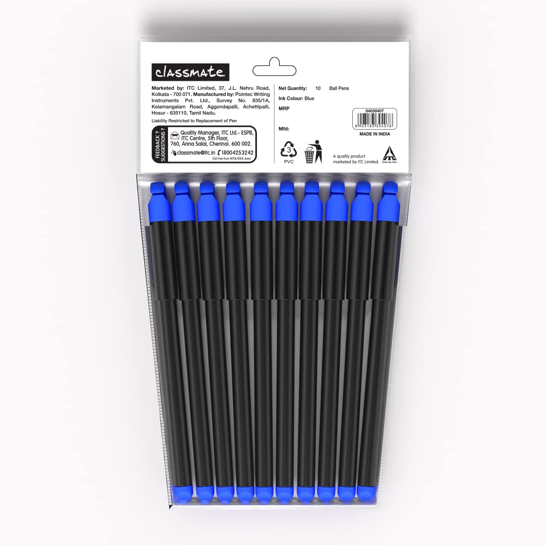 Classmate Hook- Blue And Black Ball Pens (Pack of 10)|Smooth & Fast Writing Ball Pens|Unique Griper for Writing Comfort|Attractive Body Design for Boys & Girls|School & Office Stationery