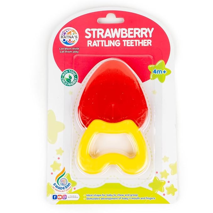 Ratna's Strawberry Rattling Teether with Rattling Sound Teething Toy for Infants & Babies, Non Toxic, Phthalate Free, Child Friendly Teethers