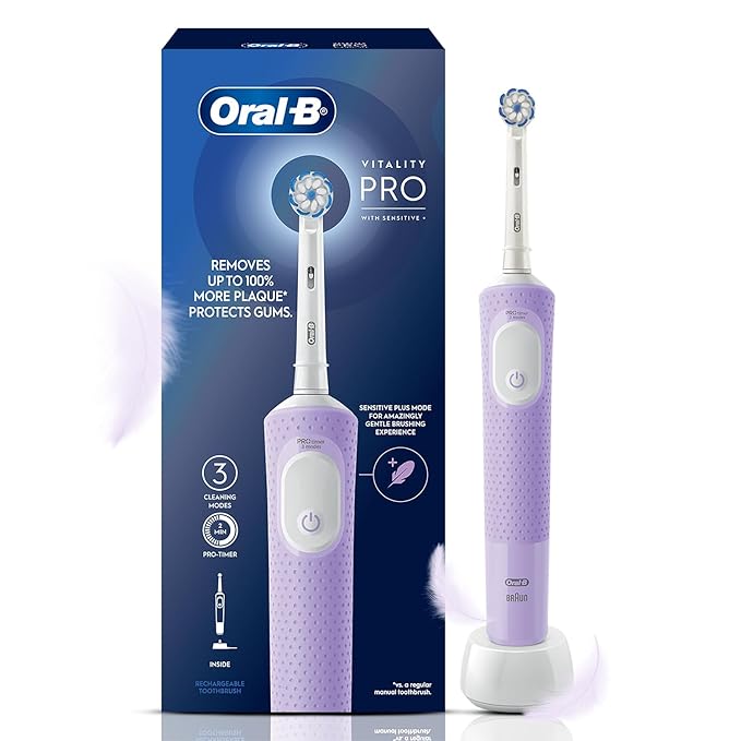 Oral-B Vitality Pro with Sensitive Plus Rechargeable Electric Toothbrush for Adults, 3 Brushing Modes (Daily, Sensitive, Sensitive Plus), 2 Min Timer with Quadpacer, 2 Year Warranty by Oral B, IPX7 Water Resistant, Round Brush Head