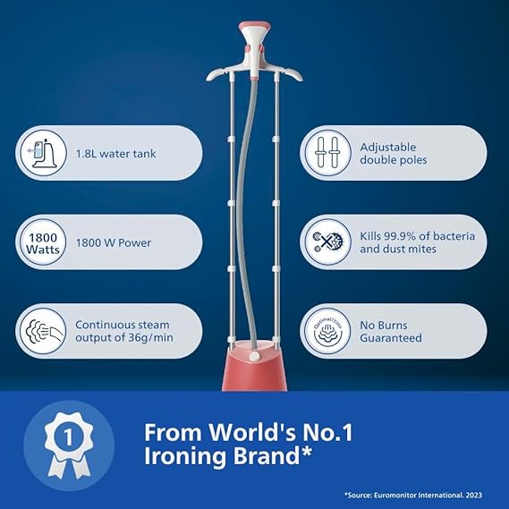 PHILIPS Standing Garment Steamer STE1020/40-1800 Watts, 1.8 LTR Water Tank, Refresh Woolens with Upto 36 gm Steam Output, Adjustable Double Pole- No Burns Guaranteed from World's No.1 Ironing Brand