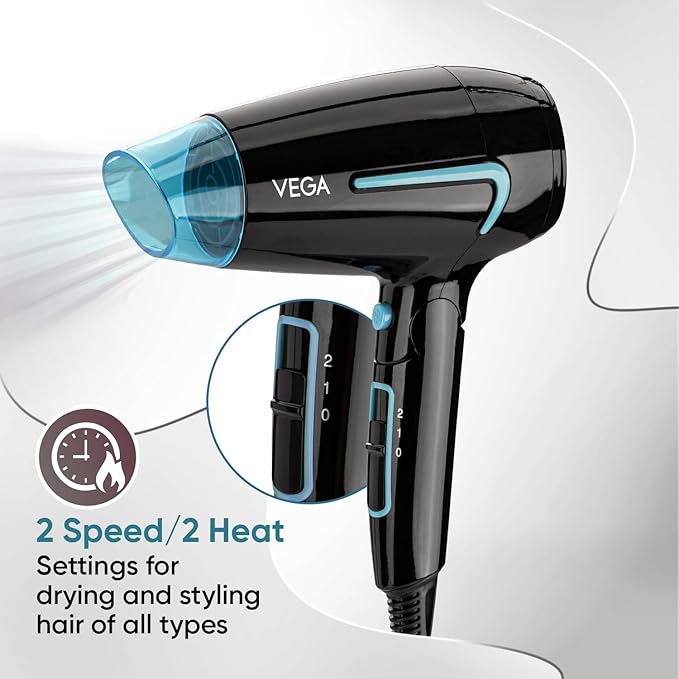 Vega U Style 1400-1600W Foldable Hair Dryer for Women & Men with Cool Shot Button, 2 Speed/Heat Settings, Detachable Nozzle, Blow Dryer, Travel Friendly, Fast Hair Drying, Compact Hair Dryer