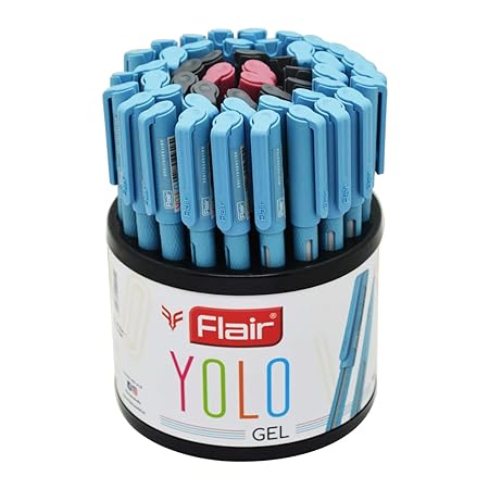 FLAIR Yolo Gel Pen Stand | Waterproof Gel Ink With Stylish Pocketable Clip | Attractive Body Color & Design | Smudge Free & Non-Stop Writing | Blue, Black & Red Ink, Pack of 100 Pens