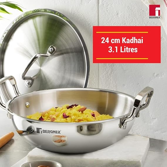 Bergner Tripro Triply Stainless Steel 4 Pc Cookware Set, 24 cm Indian Wok/Kadai with Lid, 22 cm Frypan, 16 cm Tea Pan, Even and Fast Heating, Induction Bottom, Gas Ready, Silver (RD)