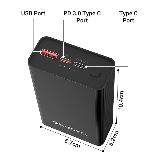 ZEBRONICS 20000 mAh Compact Power Bank, 22.5W Super Fast Charging, PD3.0 (PPS), Dual Type-C & USB-A, LED Indicator, Metal Body, for All Mobiles, Tablet & Other Devices EnergiTank 20MR1 (Midnight)  (LUX)