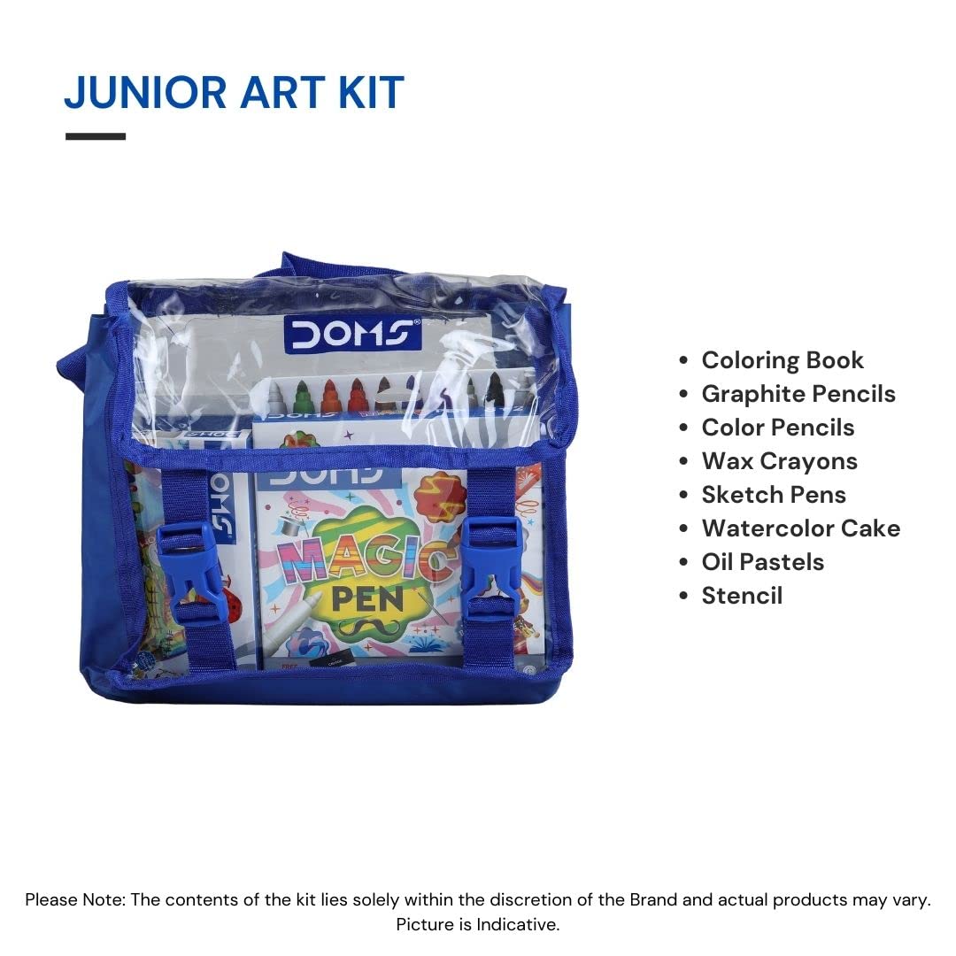 Doms Jonior Art Kit | Comes With Transparent Zipper Bag | Perfect Value Pack | Kit For School Essentials | Gifting Range For Kids | Combination of 8 Stationery Items