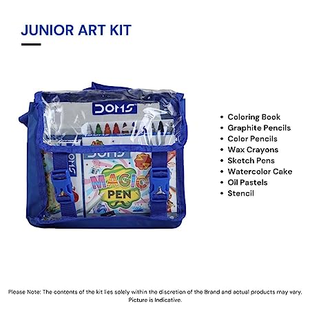 Doms Junior Art Kit | Comes With Transparent Zipper Bag | Perfect Value Pack | Kit For School Essentials | Gifting Range For Kids | Combination of 8 Stationery Items