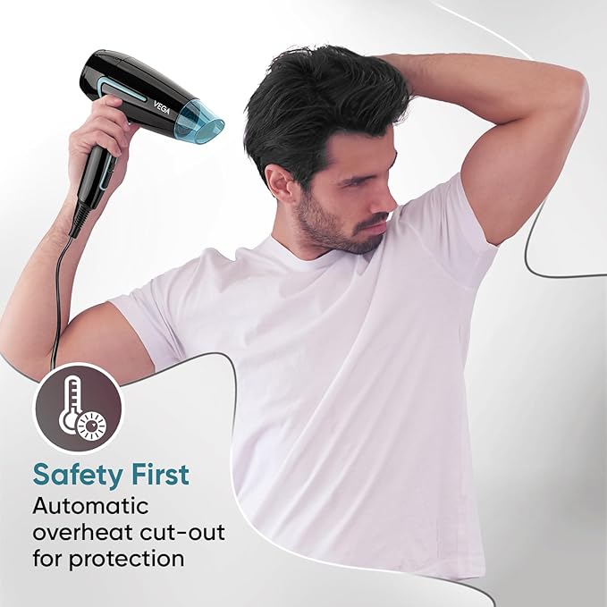 Vega U Style 1400-1600W Foldable Hair Dryer for Women & Men with Cool Shot Button, 2 Speed/Heat Settings, Detachable Nozzle, Blow Dryer, Travel Friendly, Fast Hair Drying, Compact Hair Dryer
