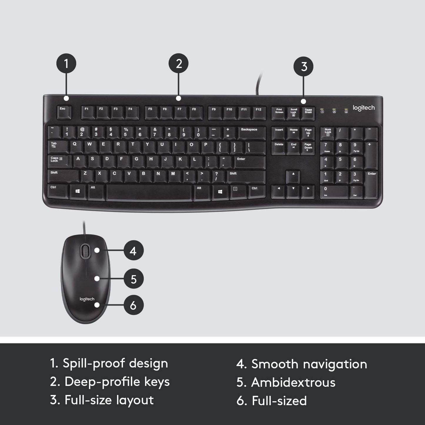 Logitech MK120 Wired USB Keyboard and Mouse Set for Windows, Optical Wired Mouse, Full-Size Keyboard, USB Plug-and-Play, Compatible for PC, Laptop - Black