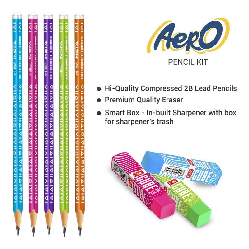 FLAIR Creative Series Aero Pencil Smart Kit | Colourful 2B Lead Pencils | Fun & Functional Box | Stationery Kit Ideal For Gifting | Set Of 10 Wooden Pencils, 1 Eraser & 1 In-Built Sharpener.