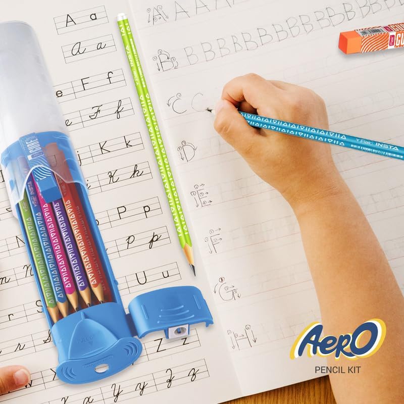 FLAIR Creative Series Aero Pencil Smart Kit | Colourful 2B Lead Pencils | Fun & Functional Box | Stationery Kit Ideal For Gifting | Set Of 10 Wooden Pencils, 1 Eraser & 1 In-Built Sharpener.