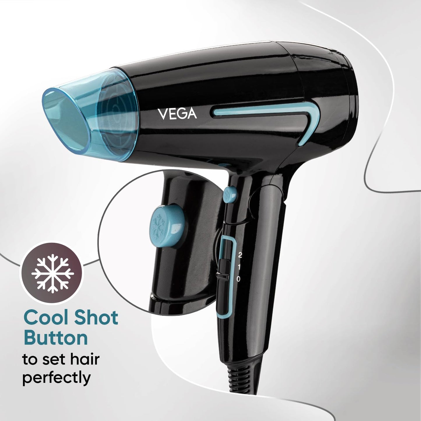 Vega U Style 1400-1600W Foldable Hair Dryer for Women & Men with Cool Shot Button, 2 Speed/Heat Settings, Detachable Nozzle, Blow Dryer, Travel Friendly, Fast Hair Drying, Compact Hair Dryer