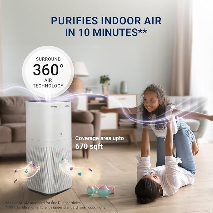 Eureka Forbes Smart Air Purifier 500 for Home |Covers Upto 670 Sq. Ft. | WiFi Enabled | Removes 99.97% Impurities & PM | True HEPA H13 | 4-Stage, 10-Min Purification | App Control | Sleep Mode