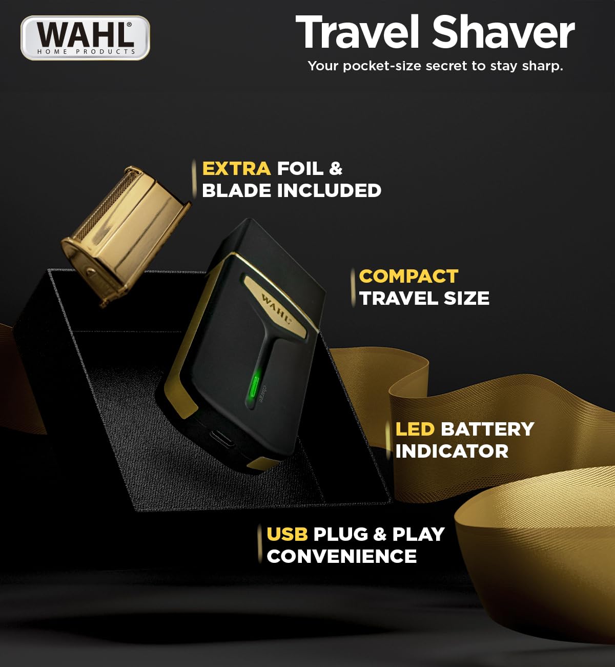 Wahl Travel Shaver USB, 0.4 mm cutting length, 45 minutes run time, Perfect travel companion with USB charging facility, Extra Cutting blade and foil to move along the contours, Black & Gold - 3025441IN