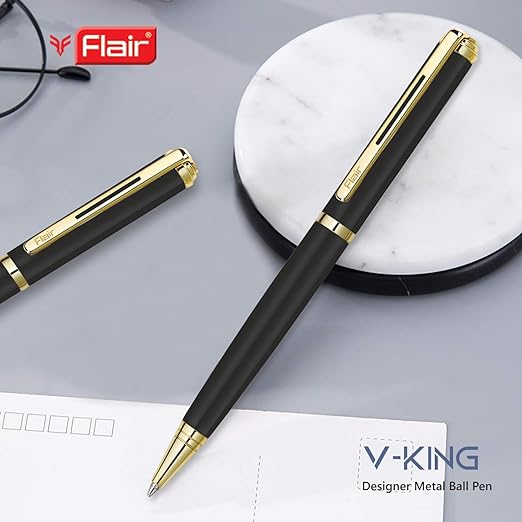 FLAIR Platinum Series V-King Ball Pen Blister Pack | Swiss Tip Technology With Twist Mechanism | Matte Finish Sleek Design With Gold Trims | Smooth Refillable Pen | Blue Ink, Pack Of 1