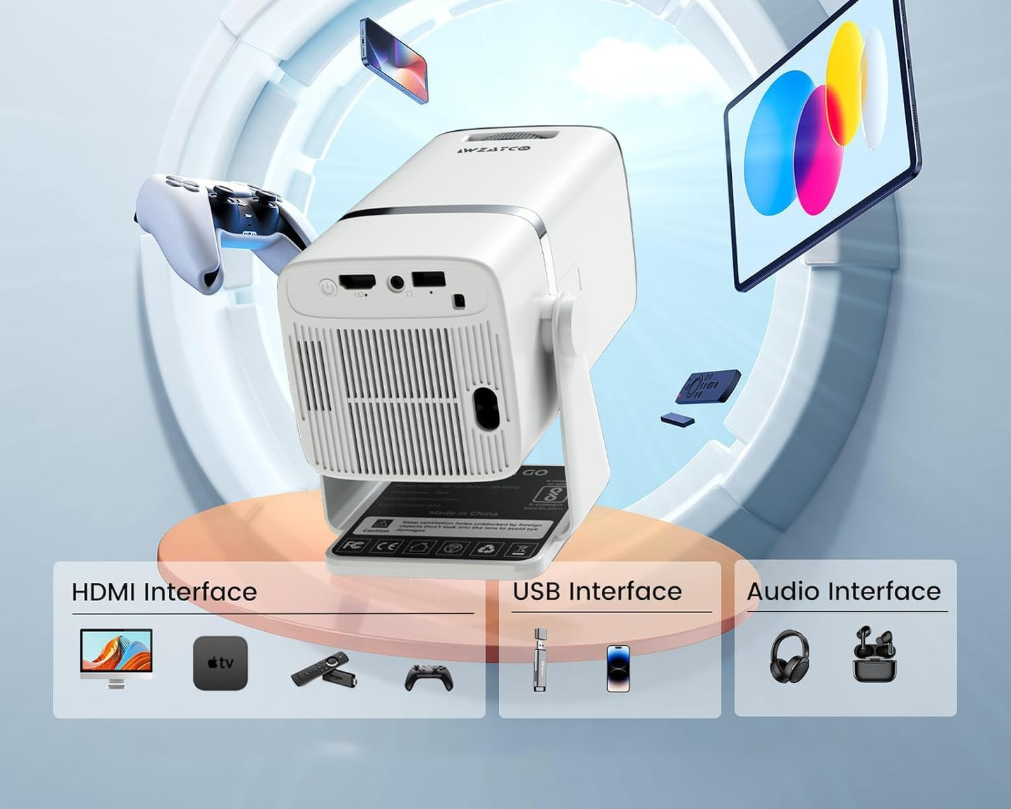 WZATCO Yuva Go, Android 14.0 Smart Projector 4k Ultra HD, Rotatable Design, Auto & 4D Keystone with Netflix, Prime etc, 9000 Lumens, WiFi 6 & BT, Screen Mirroring, ARC, 720P Native (TS)