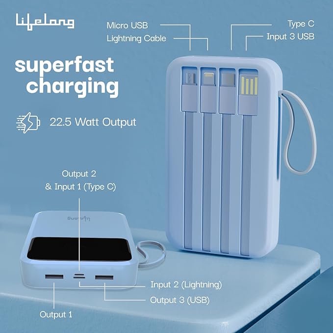Lifelong Electronics 20000mAh 22.5W Fast Charging Power Bank | 3 Inputs (1 Built-in USB A Cable + 1 C + 1 Lightning Port) & 6 Outputs (3 Built-in Cables + 1 C + 2 A Port) | Small Pocket Size Powerbank (SD)