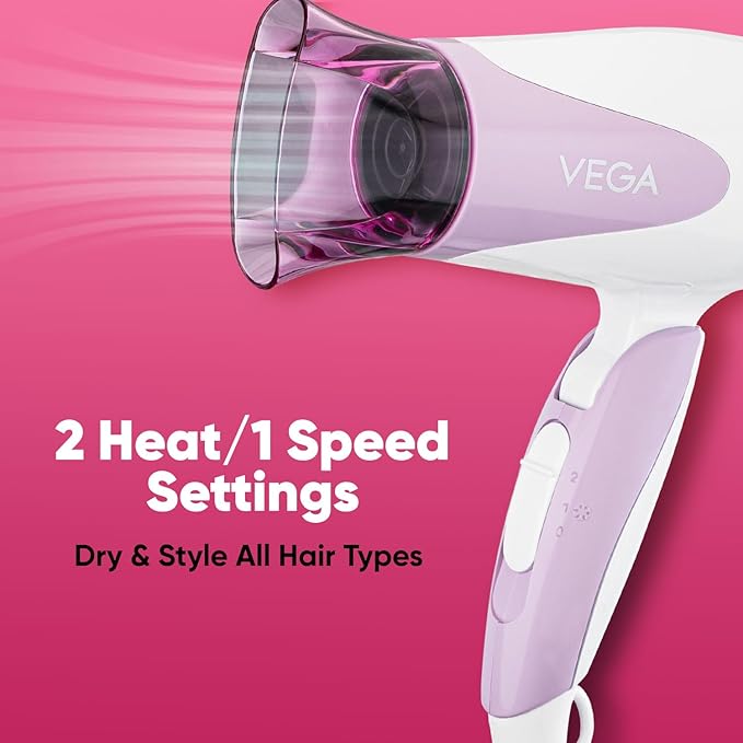 VEGA Blooming Air Foldable 1000-1200 Watts Hair Dryer for Women with Flexible Heat Setting & Detachable Nozzle,Automatic Overheat Cutout,Compact Quick Dry Blow Dryer
