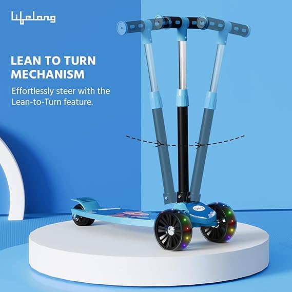 Lifelong Foldable Kids Kick Scooter with LED Wheels & Adjustable Height - Capacity 50kg- for Baby 3+ Year Old boy & Girl - Skate, Blue (ASL)